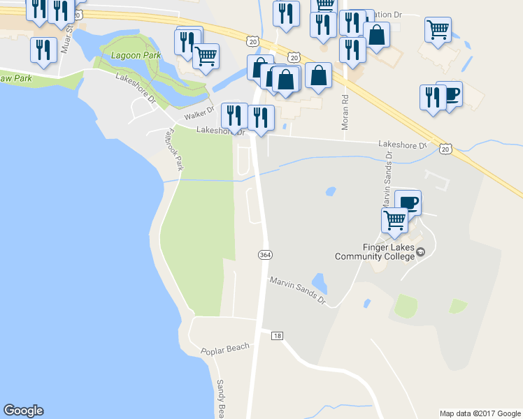 map of restaurants, bars, coffee shops, grocery stores, and more near 3300 Highway 364 in Canandaigua