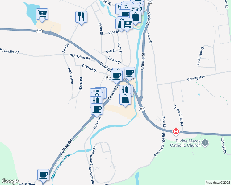map of restaurants, bars, coffee shops, grocery stores, and more near 25 Bridge Street in Peterborough