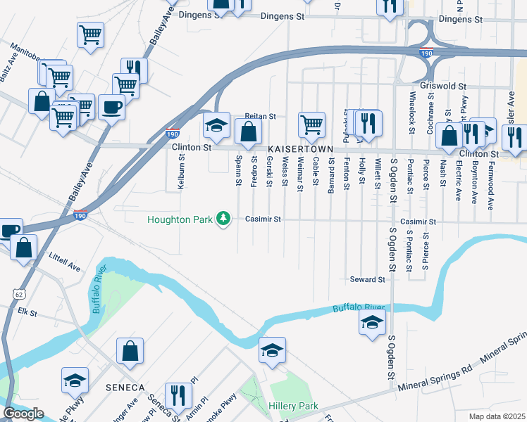 map of restaurants, bars, coffee shops, grocery stores, and more near 56 Gorski Street in Buffalo