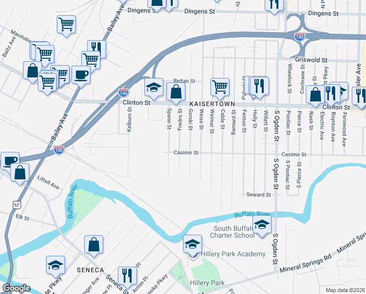 map of restaurants, bars, coffee shops, grocery stores, and more near 56 Gorski Street in Buffalo