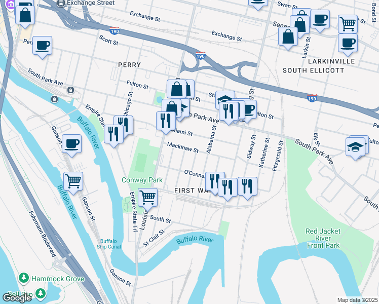 map of restaurants, bars, coffee shops, grocery stores, and more near 139 Vincennes Street in Buffalo