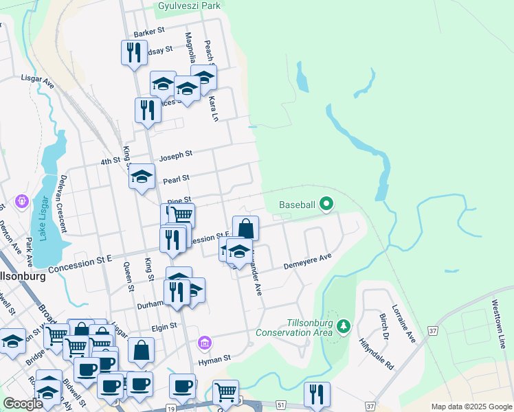 map of restaurants, bars, coffee shops, grocery stores, and more near 150 Concession Street East in Tillsonburg