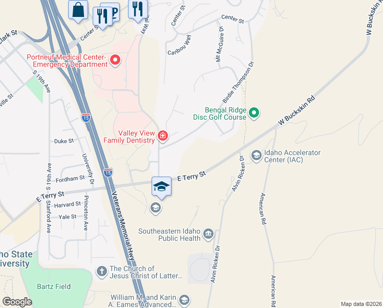 map of restaurants, bars, coffee shops, grocery stores, and more near 2302 East Terry Street in Pocatello