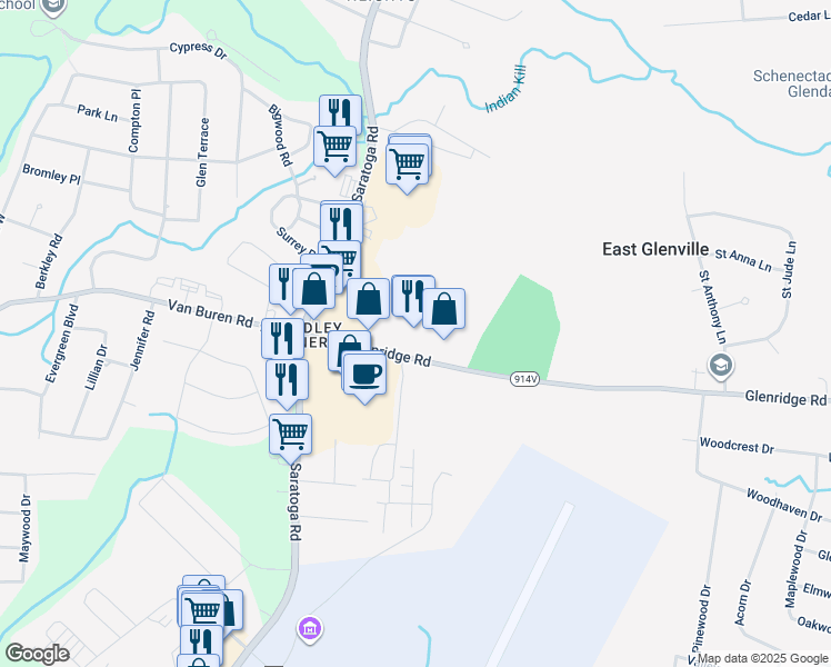 map of restaurants, bars, coffee shops, grocery stores, and more near 15 Glenridge Road in Schenectady