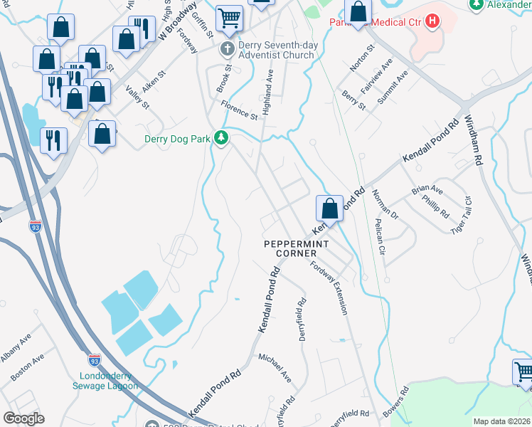 map of restaurants, bars, coffee shops, grocery stores, and more near 67 Fordway in Derry