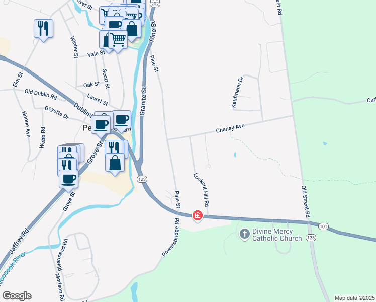 map of restaurants, bars, coffee shops, grocery stores, and more near 23 Lookout Hill Road in Peterborough