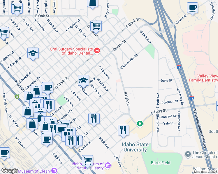map of restaurants, bars, coffee shops, grocery stores, and more near 1239 East Whitman Street in Pocatello