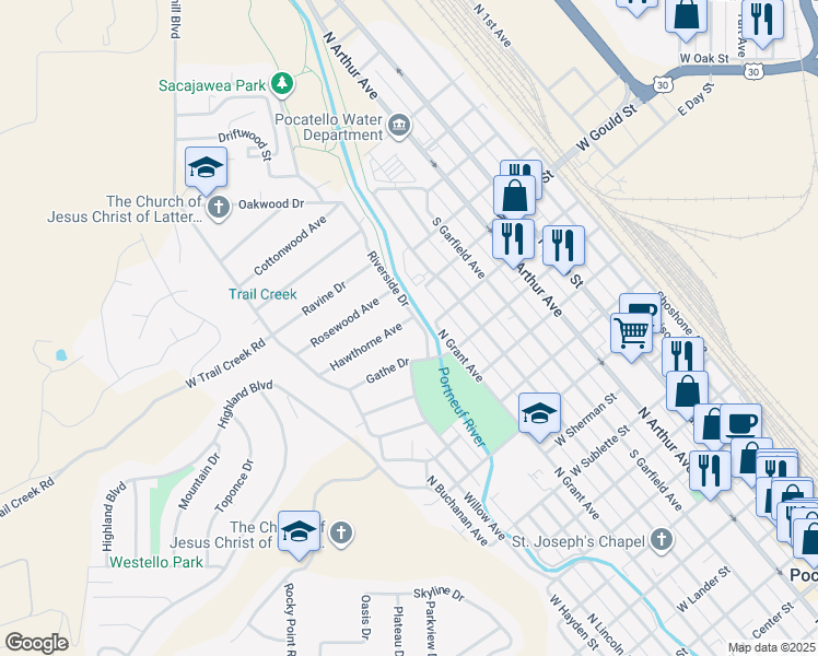 map of restaurants, bars, coffee shops, grocery stores, and more near 20 Trail Creek Road in Pocatello