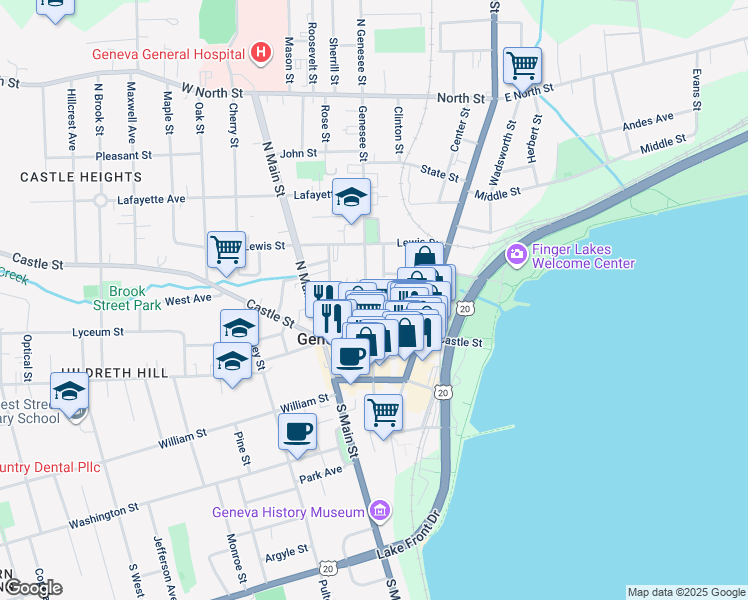 map of restaurants, bars, coffee shops, grocery stores, and more near 84 Geneva Street in Geneva