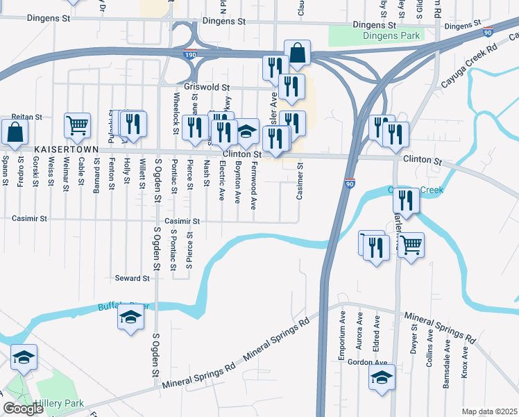 map of restaurants, bars, coffee shops, grocery stores, and more near 327 Casimer Street in Buffalo