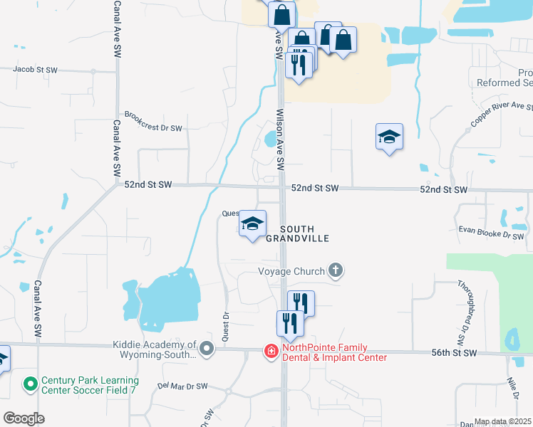 map of restaurants, bars, coffee shops, grocery stores, and more near 5218 Quest Drive in Wyoming