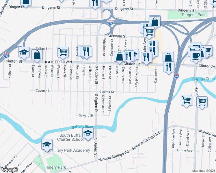 map of restaurants, bars, coffee shops, grocery stores, and more near 127 South Pontiac Street in Buffalo