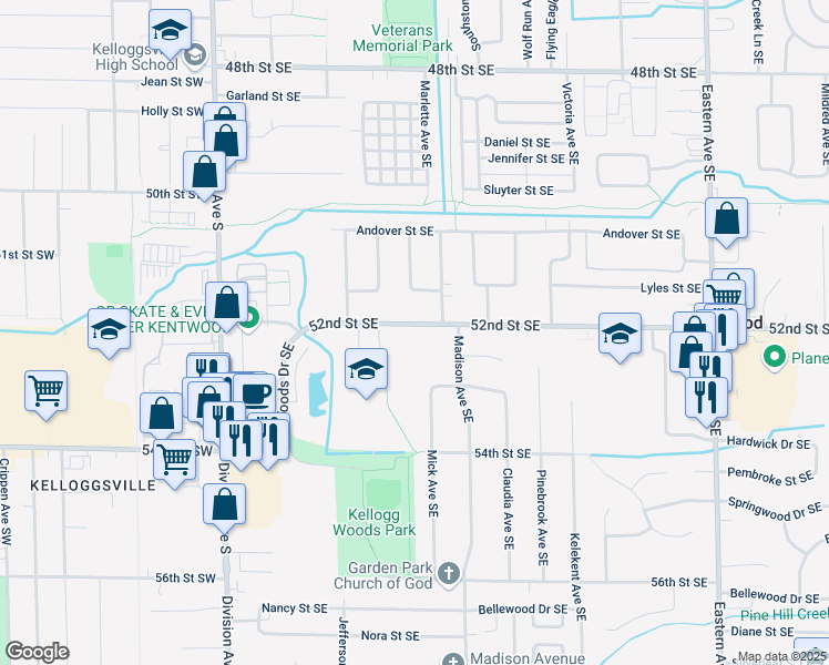 map of restaurants, bars, coffee shops, grocery stores, and more near 5237 Madison Avenue Southeast in Kentwood