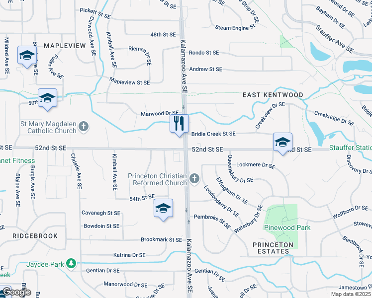 map of restaurants, bars, coffee shops, grocery stores, and more near Kalamazoo Ave SE & 52nd St SE in Kentwood