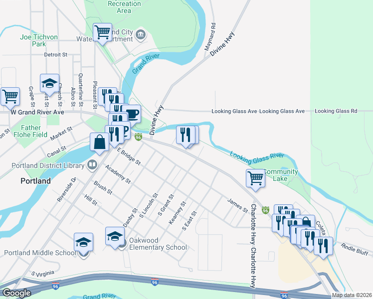 map of restaurants, bars, coffee shops, grocery stores, and more near 123 North Grant Street in Portland