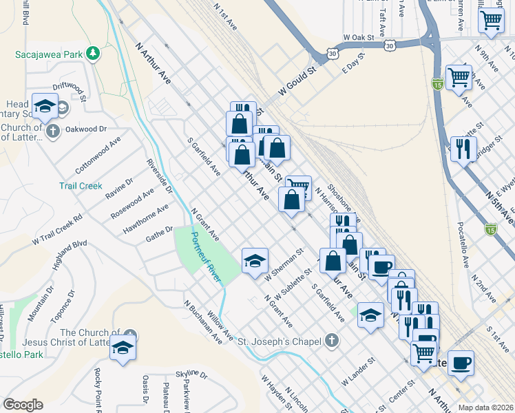 map of restaurants, bars, coffee shops, grocery stores, and more near 435 West Greeley Street in Pocatello