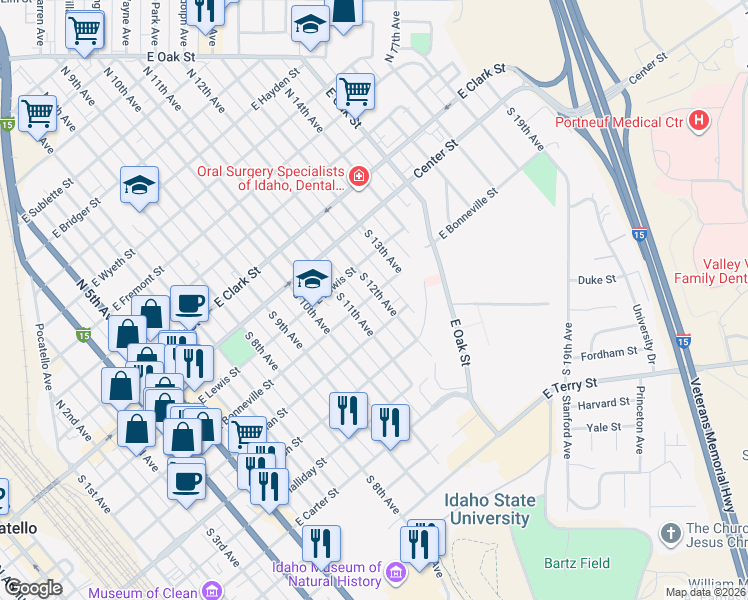 map of restaurants, bars, coffee shops, grocery stores, and more near 1251 East Bonneville Street in Pocatello