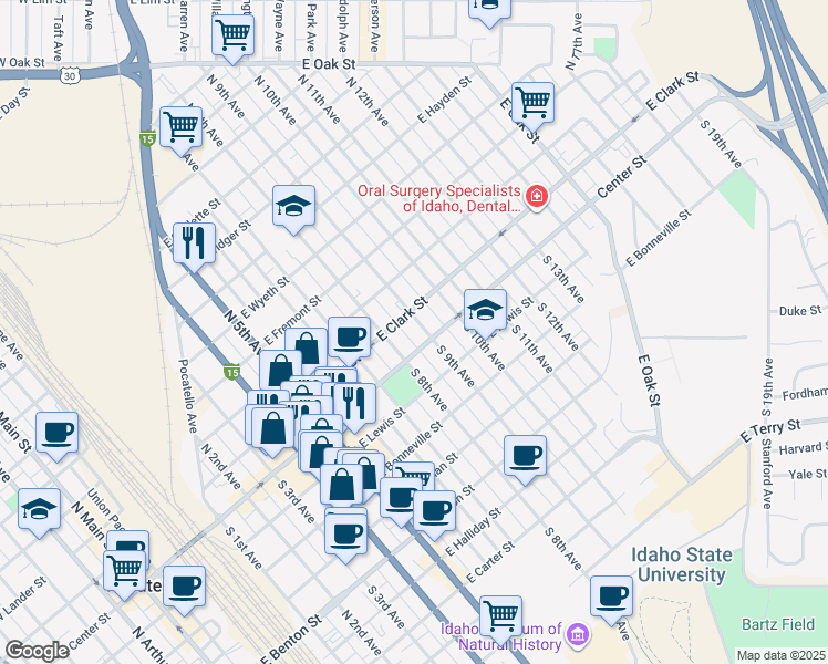 map of restaurants, bars, coffee shops, grocery stores, and more near 1021 East Clark Street in Pocatello