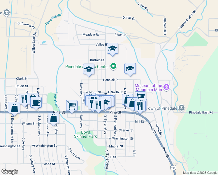 map of restaurants, bars, coffee shops, grocery stores, and more near 378 North Tyler Avenue in Pinedale