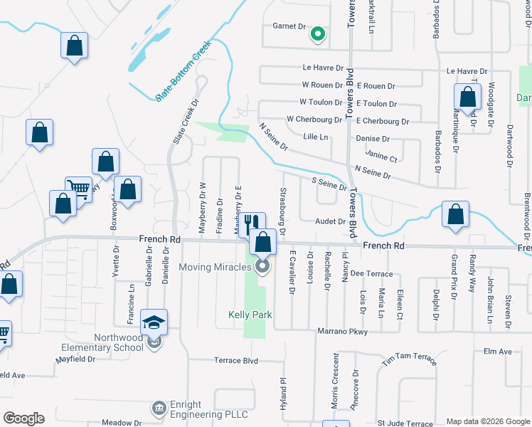 map of restaurants, bars, coffee shops, grocery stores, and more near 480 French Road in Buffalo