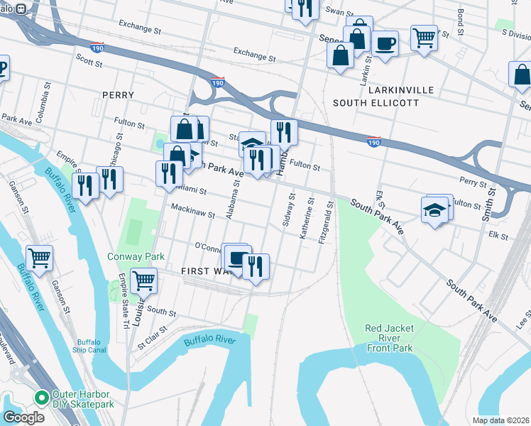 map of restaurants, bars, coffee shops, grocery stores, and more near 284 Miami Street in Buffalo