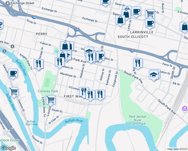 map of restaurants, bars, coffee shops, grocery stores, and more near 284 Miami Street in Buffalo