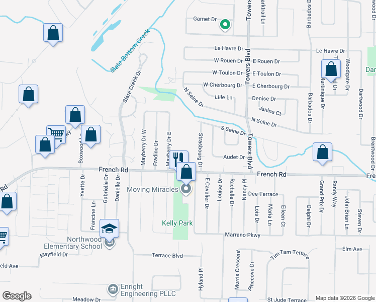 map of restaurants, bars, coffee shops, grocery stores, and more near 480 French Road in Buffalo