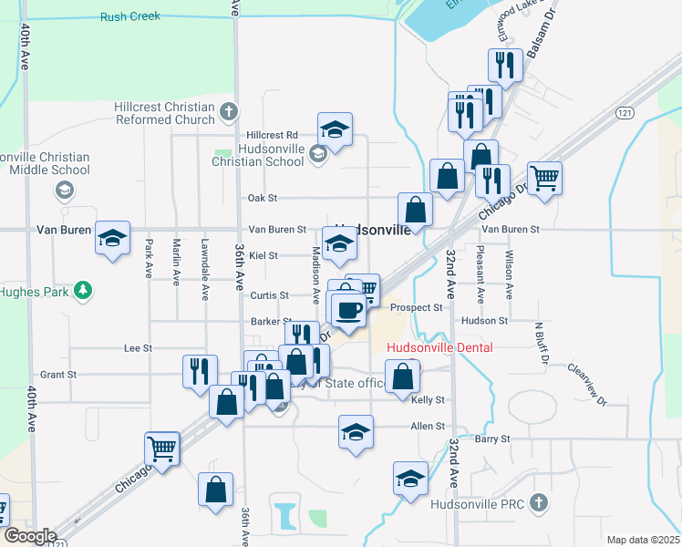 map of restaurants, bars, coffee shops, grocery stores, and more near 5535 School Avenue in Hudsonville