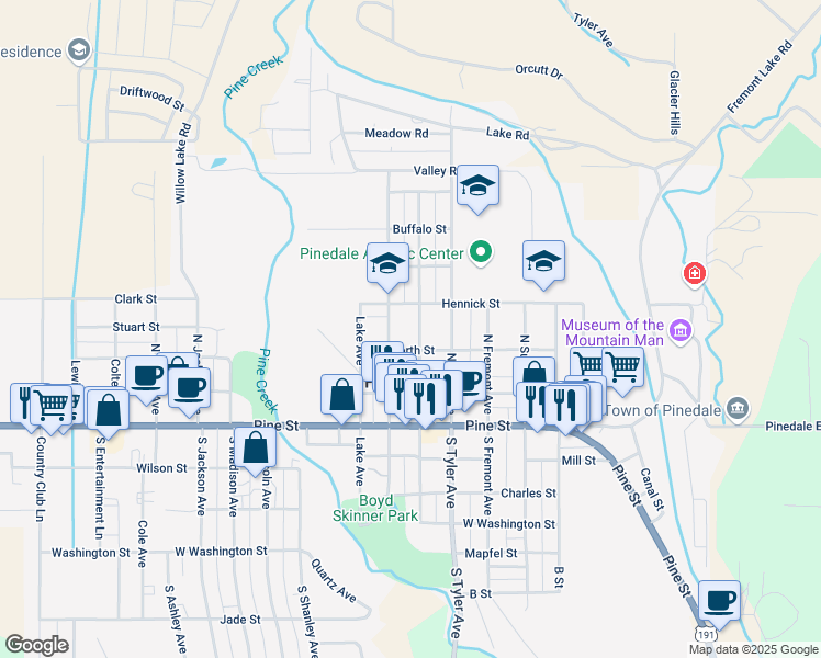 map of restaurants, bars, coffee shops, grocery stores, and more near 382 North Maybell Avenue in Pinedale