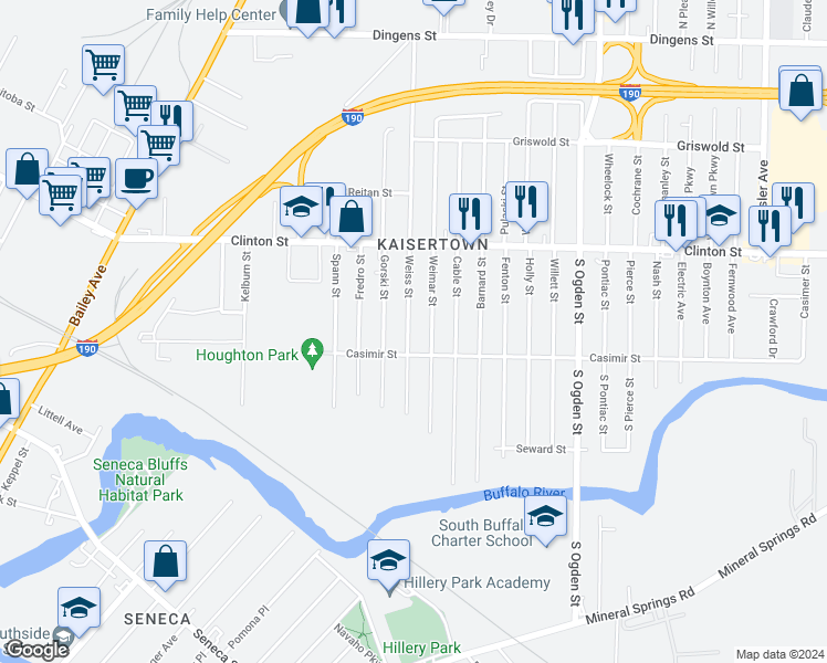 map of restaurants, bars, coffee shops, grocery stores, and more near 113 Weiss Street in Buffalo