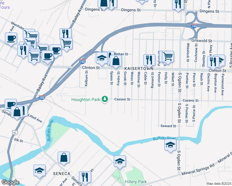 map of restaurants, bars, coffee shops, grocery stores, and more near 84 Spann Street in Buffalo