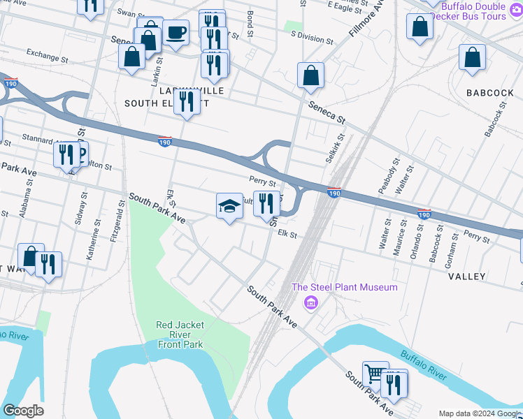 map of restaurants, bars, coffee shops, grocery stores, and more near 304 Smith Street in Buffalo