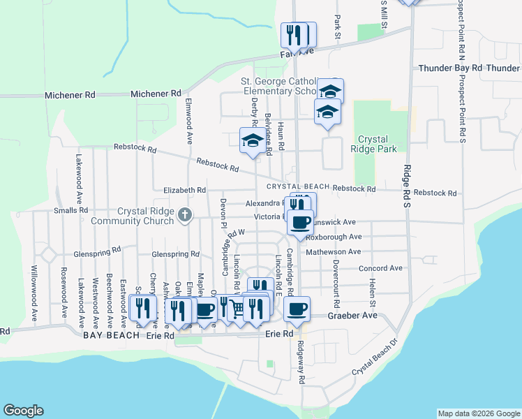 map of restaurants, bars, coffee shops, grocery stores, and more near 3913 Alexandra Road in Fort Erie