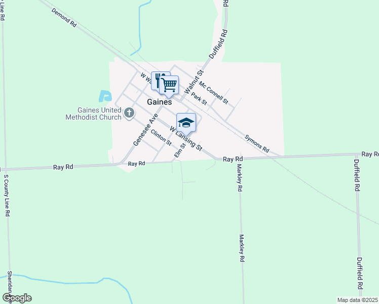 map of restaurants, bars, coffee shops, grocery stores, and more near 300 West Lansing Street in Gaines