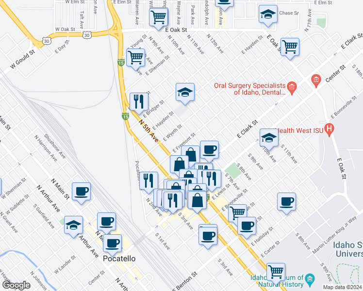 map of restaurants, bars, coffee shops, grocery stores, and more near 698 East Fremont Street in Pocatello