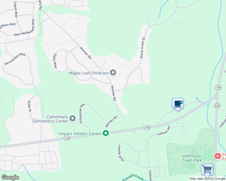 map of restaurants, bars, coffee shops, grocery stores, and more near Werner Road & Stone Crest Drive in Saratoga County