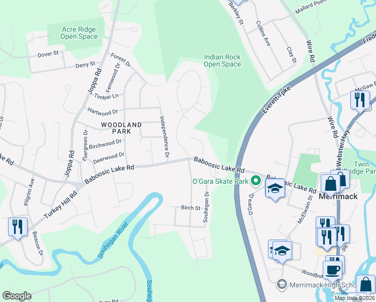 map of restaurants, bars, coffee shops, grocery stores, and more near 6 Rose Lane in Merrimack