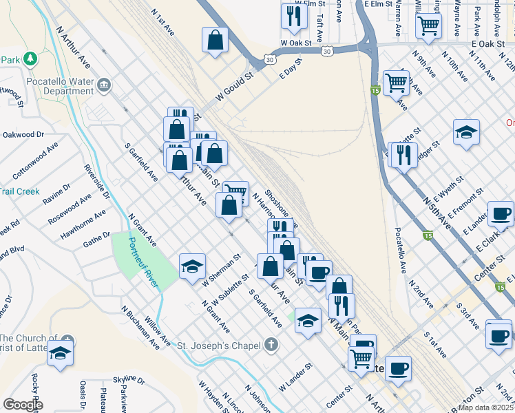 map of restaurants, bars, coffee shops, grocery stores, and more near 1044 North Harrison Avenue in Pocatello