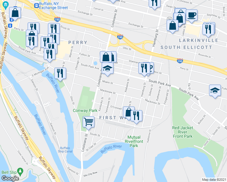 map of restaurants, bars, coffee shops, grocery stores, and more near 200 Miami Street in Buffalo