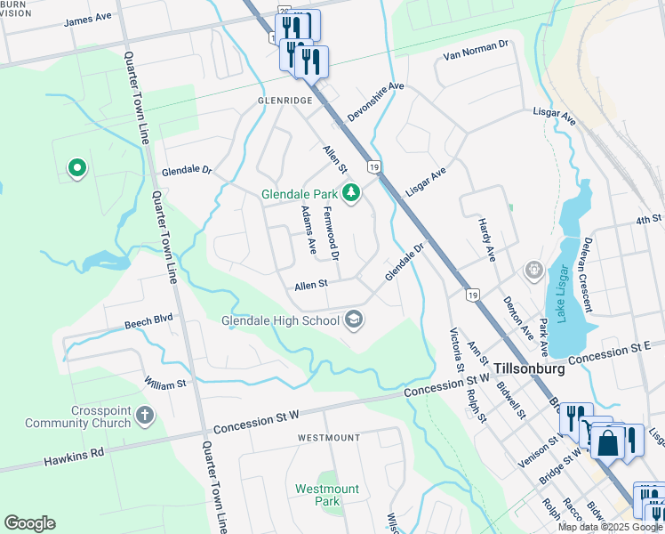 map of restaurants, bars, coffee shops, grocery stores, and more near 4 Adams Avenue in Tillsonburg