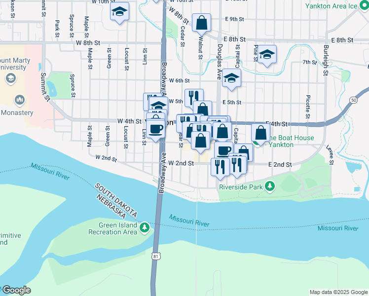 map of restaurants, bars, coffee shops, grocery stores, and more near 200-298 W 3rd St in Yankton