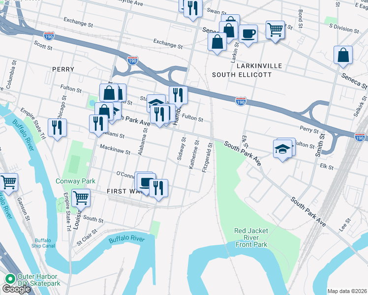 map of restaurants, bars, coffee shops, grocery stores, and more near 141 Sidway Street in Buffalo
