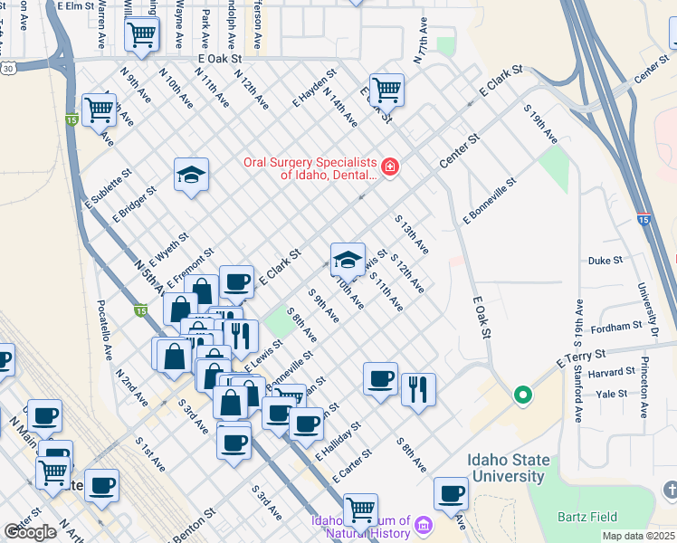 map of restaurants, bars, coffee shops, grocery stores, and more near 130 South 10th Avenue in Pocatello