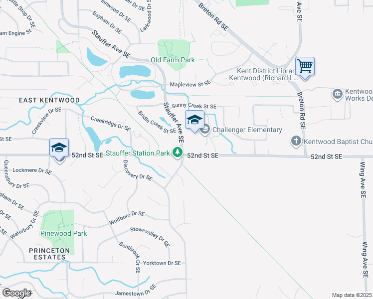 map of restaurants, bars, coffee shops, grocery stores, and more near 5153 Stauffer Avenue Southeast in Kentwood