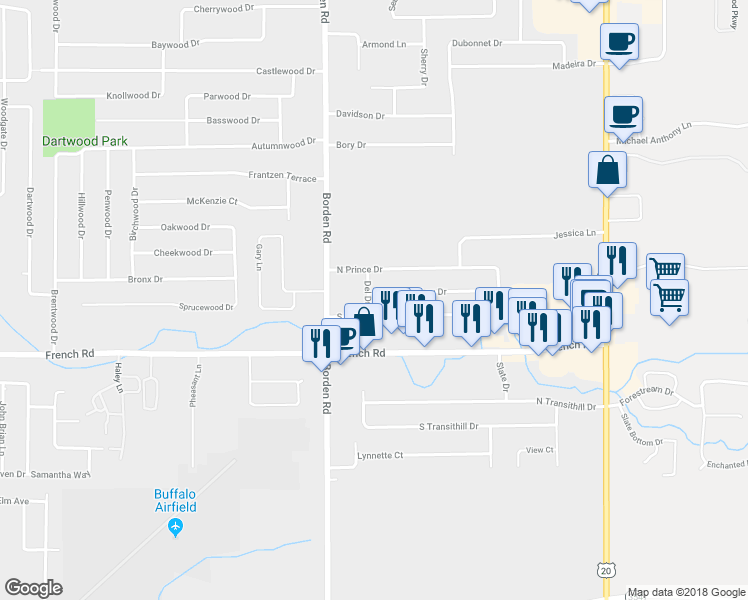 map of restaurants, bars, coffee shops, grocery stores, and more near 7 Lou Drive in Depew