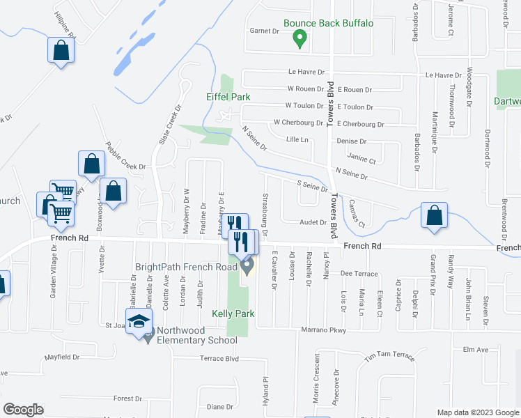 map of restaurants, bars, coffee shops, grocery stores, and more near 42 Strasbourg Drive in Buffalo