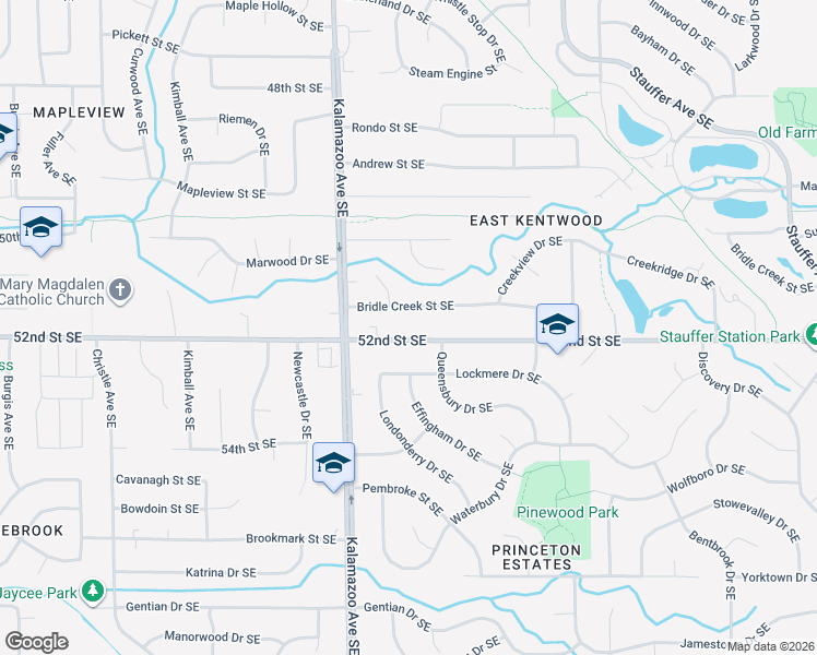 map of restaurants, bars, coffee shops, grocery stores, and more near 1701 52nd Street Southeast in Grand Rapids