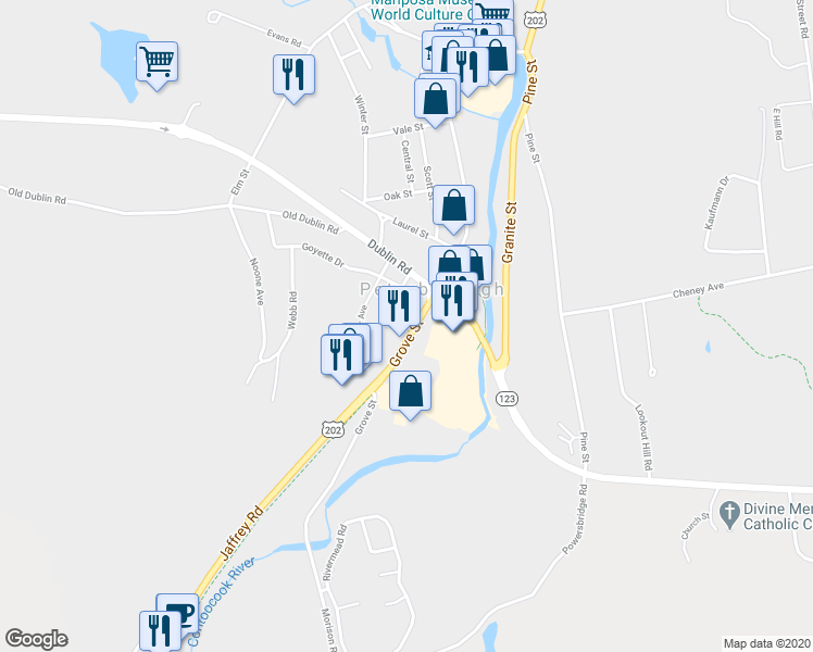 map of restaurants, bars, coffee shops, grocery stores, and more near 105 Grove Street in Peterborough
