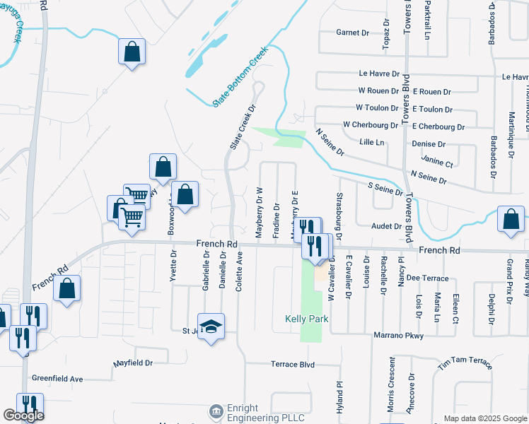map of restaurants, bars, coffee shops, grocery stores, and more near 48 Fradine Drive in Buffalo