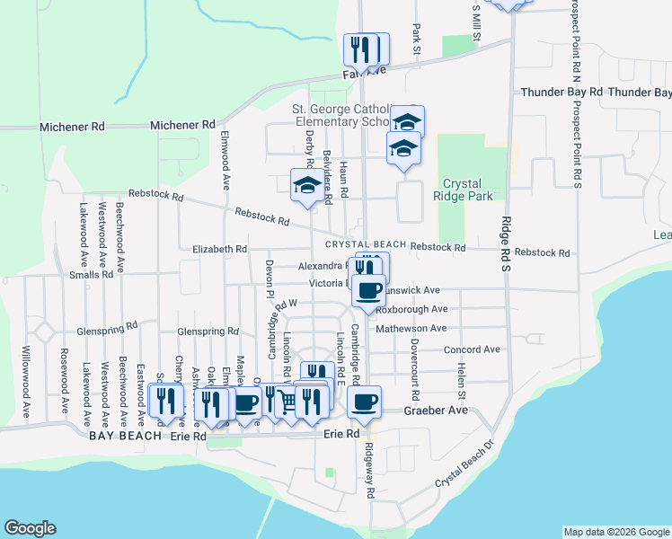 map of restaurants, bars, coffee shops, grocery stores, and more near 3913 Alexandra Road in Fort Erie